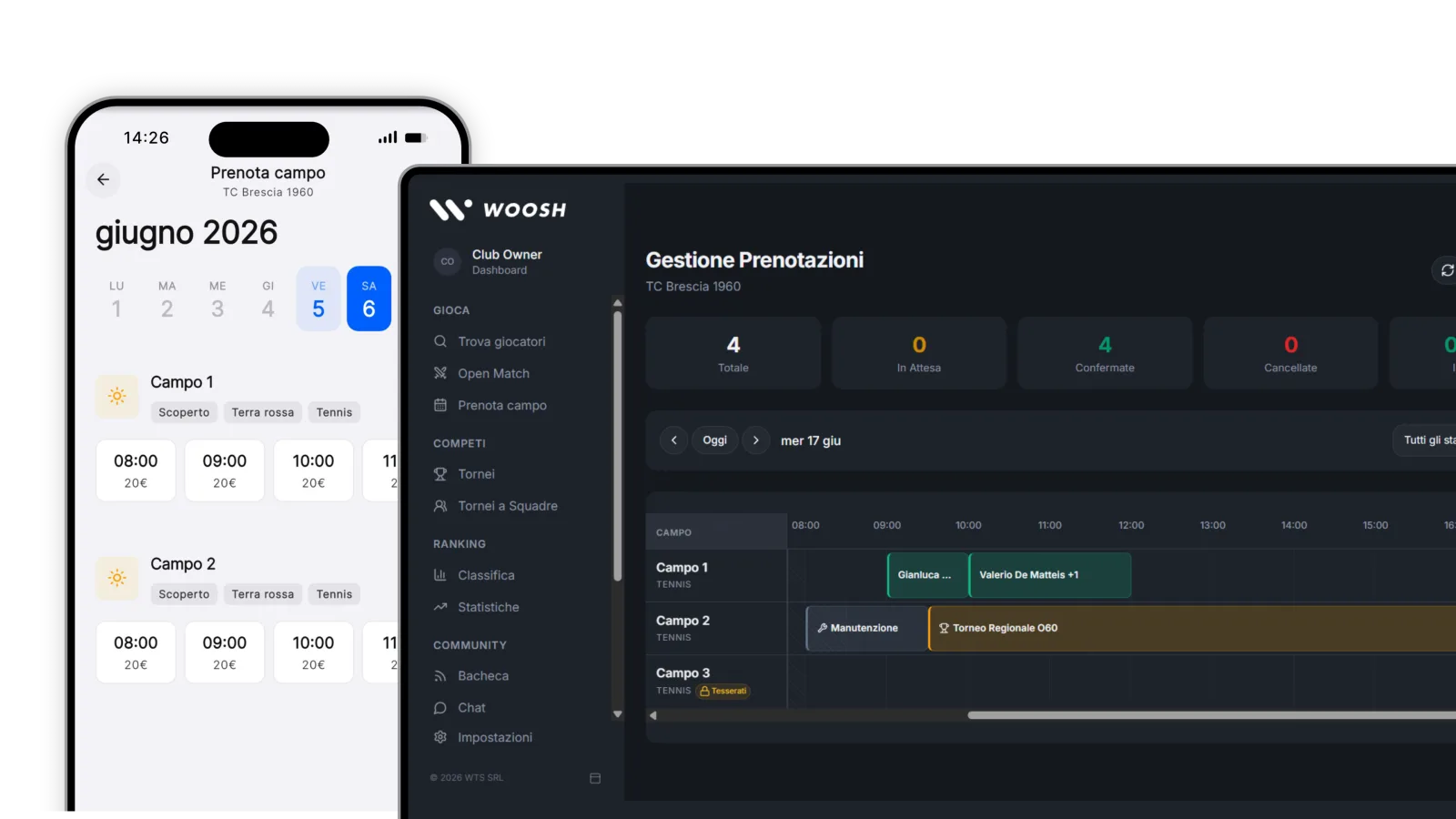 Prenotazione campi su app mobile e gestionale web Woosh